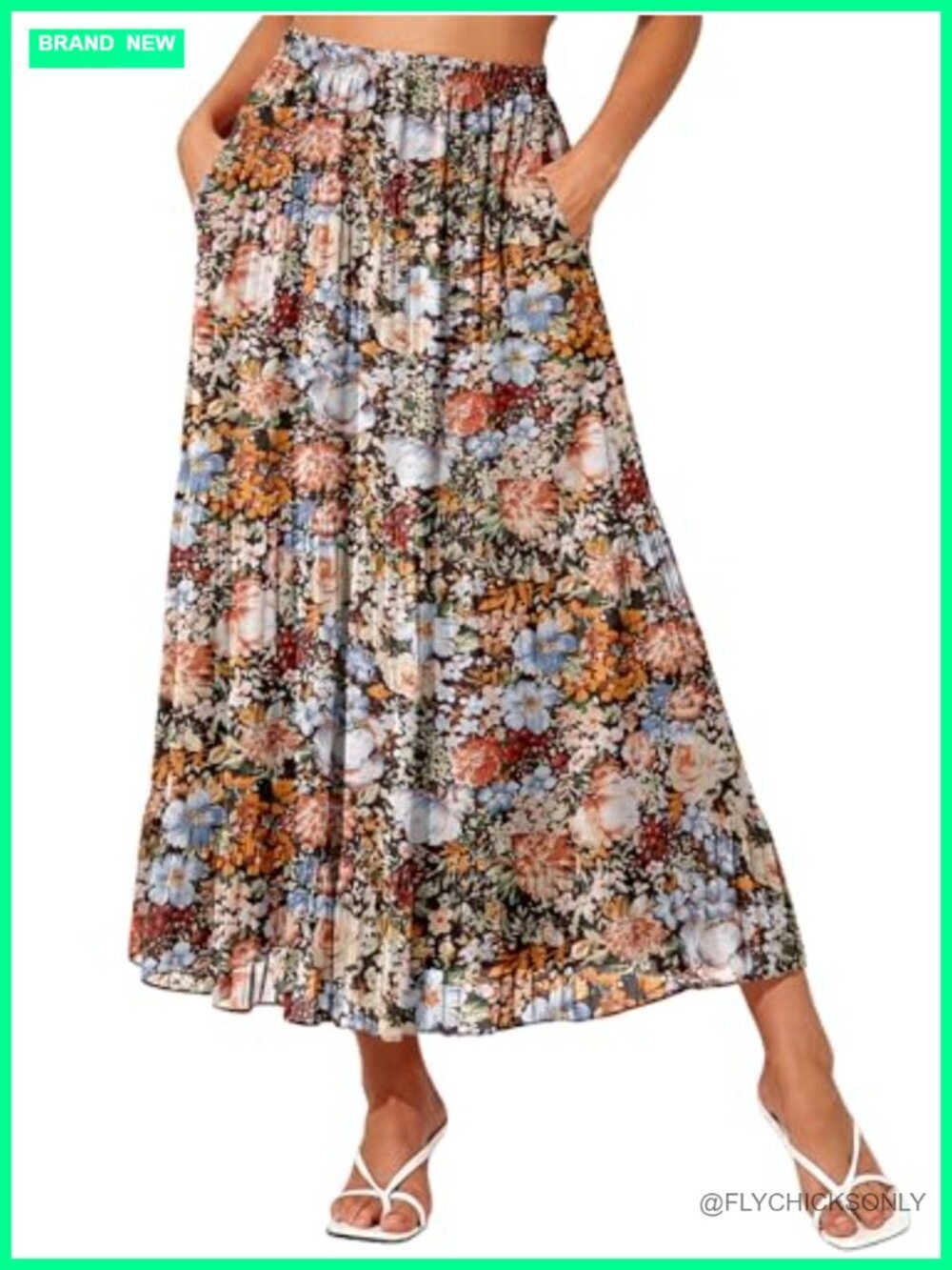 Women's High Waisted Maxi Skirt, Elastic Chiffon Boho Long Skirt with Pockets